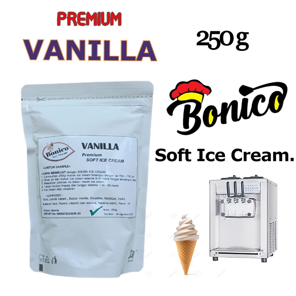 

sample BONICO VANILLA SOFT ICE CREAM POWDER 250g VANILA premix tepung serbuk bubuk es krim instan khusus mesin texture lembut soft serve grosir dstributor produsen franchise