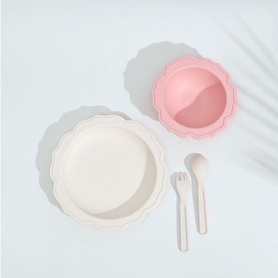 Sky &amp; Rose Flower Tableware Set -  Set Piring Makan Anak Bamboo Fiber Spoon Fork Plate BPA Free