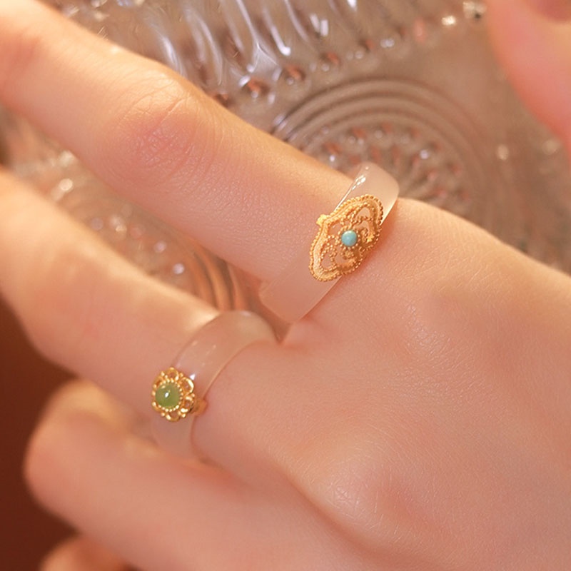 Ins Cincin Emas Dengan Batu Giok Hetian Natural Untuk Wanita