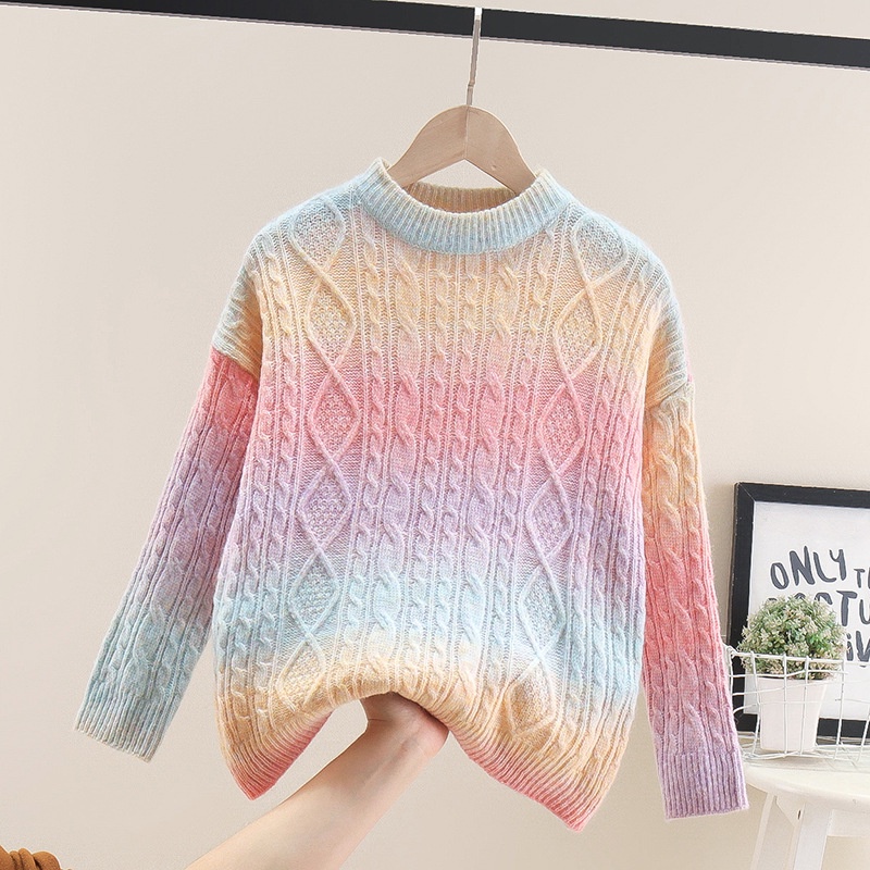 Image of Sweater Twist Anak Perempuan Warna Gradien Pullover Tie-Dye Rajut Longgar Malas Pelajar Trend #0