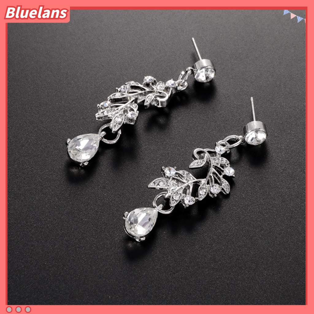 1 Set Perhiasan Kalung Anting Bentuk Daun Aksen Berlian Imitasi Adjustable Untuk Pernikahan