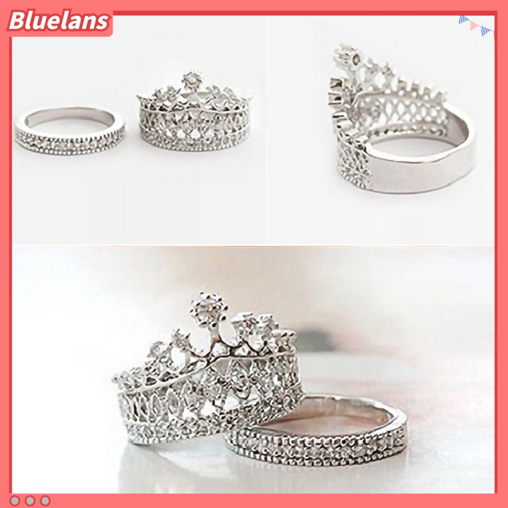 Bluelans 2Pcs / Set Cincin Bentuk Mahkota Aksen Berlian Imitasi Bahan Alloy Untuk Wanita
