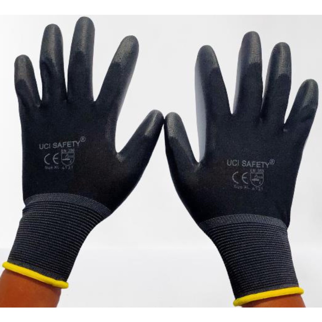 Sarung Tangan Karet Palm Fit Glove UCI Safety PU Mekanik Industri Hitam Nylon Polyurethane