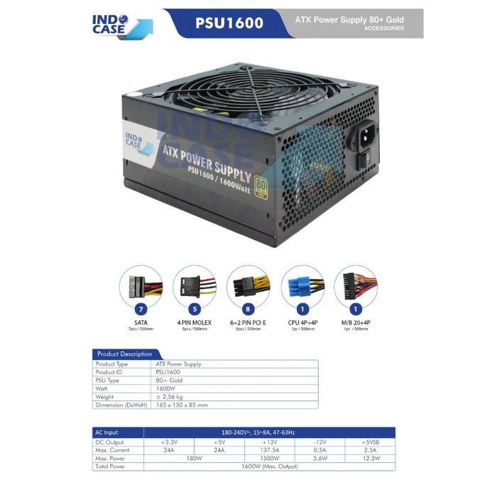 Indocase PSU ATX 1600W Pure 80+ Gold GPU QWERTY Mining Miner Crypto