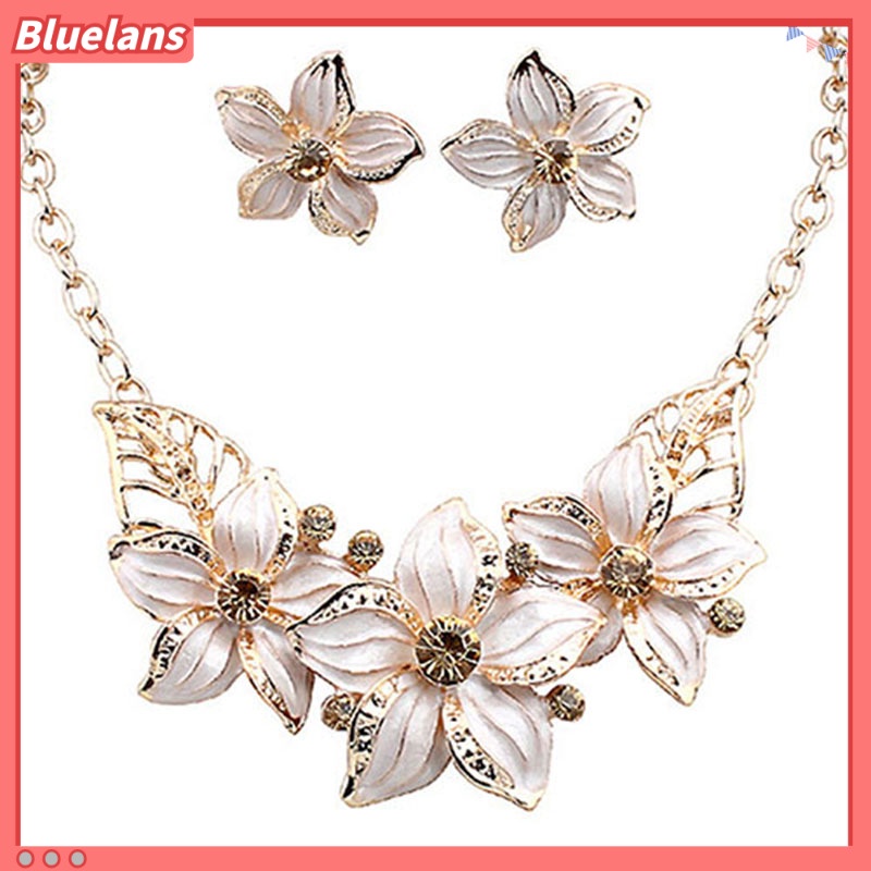 Bluelans Fashion Women Rhinestone Flower Statement Pendant Necklace Earrings Jewelry Set