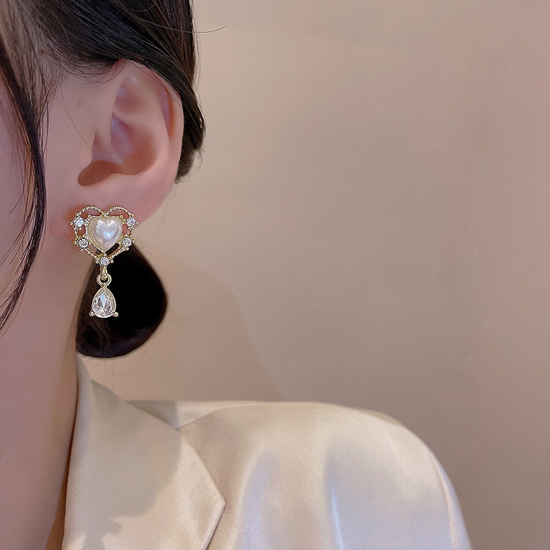 Anting Tusuk Sterling silver 925 Model Hati Dengan Mutiarabatu Zircon Mewah Retro Untuk Wanita