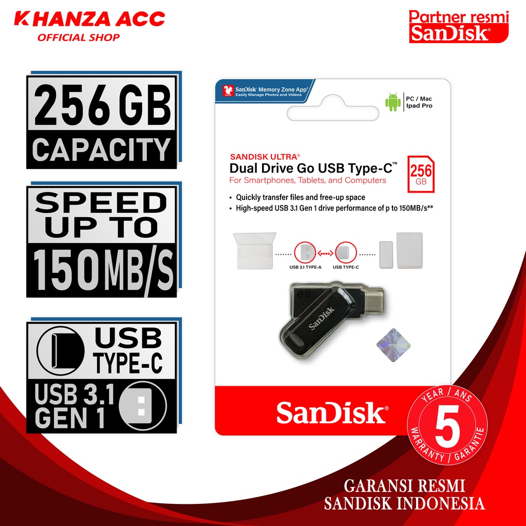 KHANZAACC Sandisk Ultra Dual Drive Go OTG 32GB 64GB 128GB 256GB USB Type-C USb 3.1
