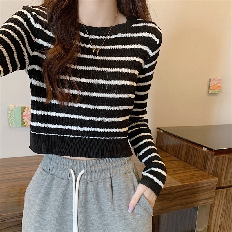 YIU YIU Rajut - Knitwear Stripe Top Korea Lengan Panjang Wanita