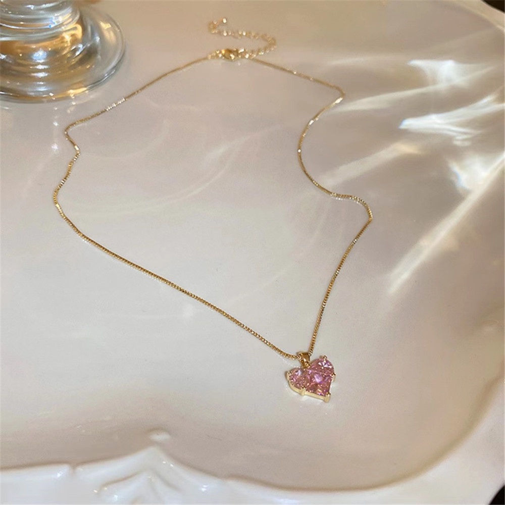 AY(CN) Kalung Choker Rantai Emas Dengan Liontin Hati Kristal Pink Untuk Wanita