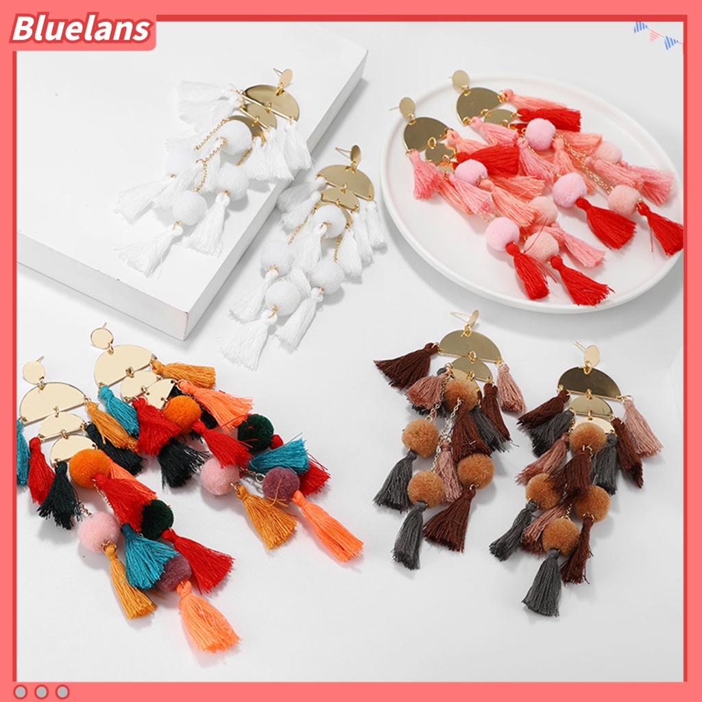 1 Pasang Anting Rumbai Multilayer Bentuk Setengah Lingkaran Tahan Jatuh Gaya Bohemian Untuk Wanita