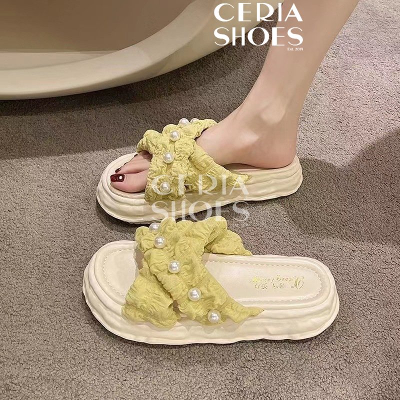 PVC Sandal Slop Wanita Jelly Import Motif Kain Mutiara Bahan LEntur Empuk Tebal Non-Slip Sole Super Soft Cross Cake