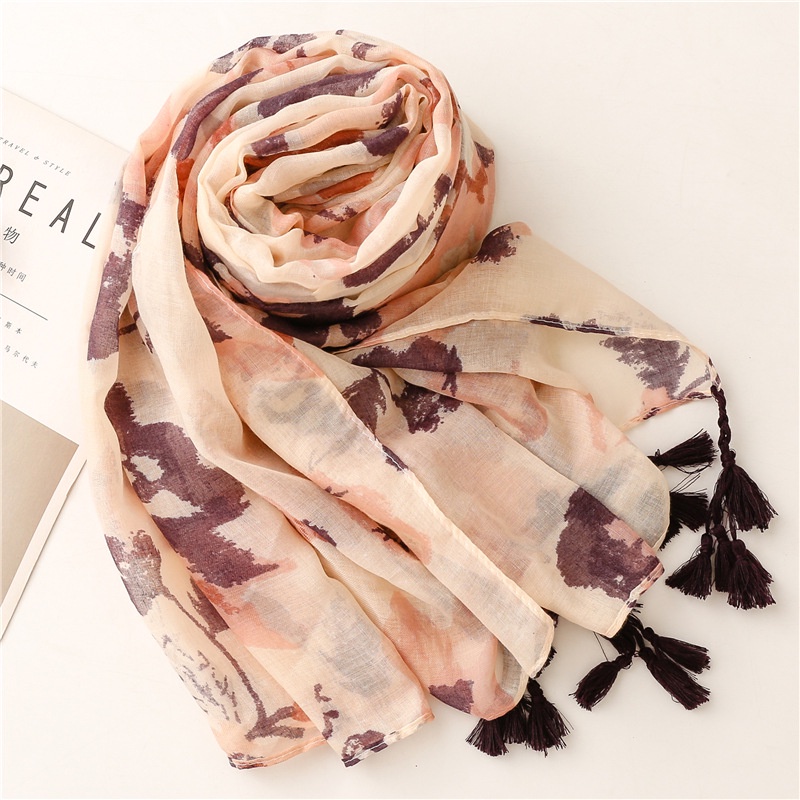 ITSFRIDAY VENA Scraf Premium Scarf Selendang Pashmina Syal Shawl Pasmina Hijab Import Motif Art Flower Cream Tassel