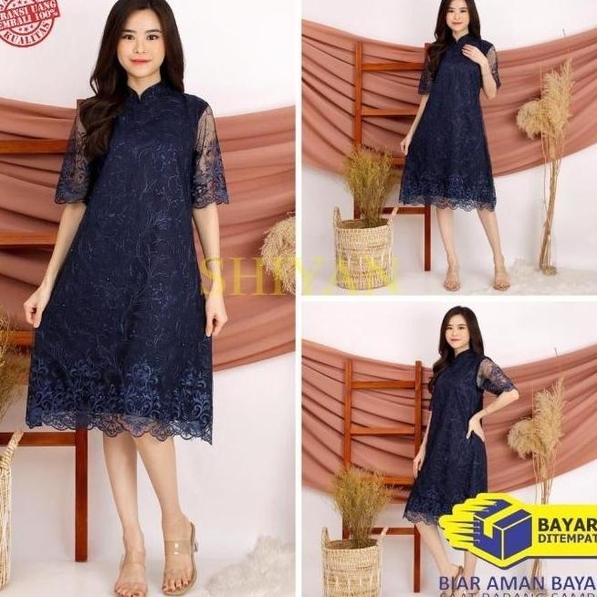Fashion Atasan Midi Dress Brukat Wanita Baju Kondangan Pesta Navy Storolandari