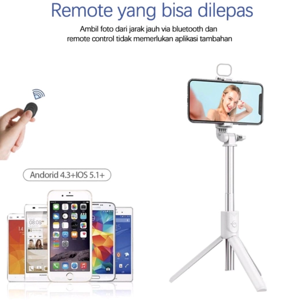 Tongsis Selfie stick R1S LED 3in1 Plus Remote Control Bluetooth Tripod-Tripod Tongsis Wireless R1-S LED With Standing Wireless Nirkabel Monopod Support Ios Android Dudukan GoPro