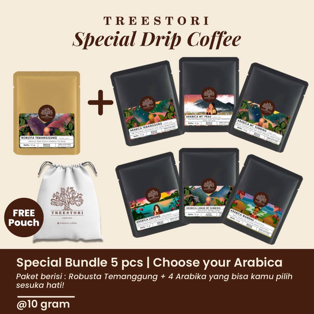 

Treestori Drip Bag Coffee | Paket Hemat Mix 5 Varian Kopi (Bisa Pilih)