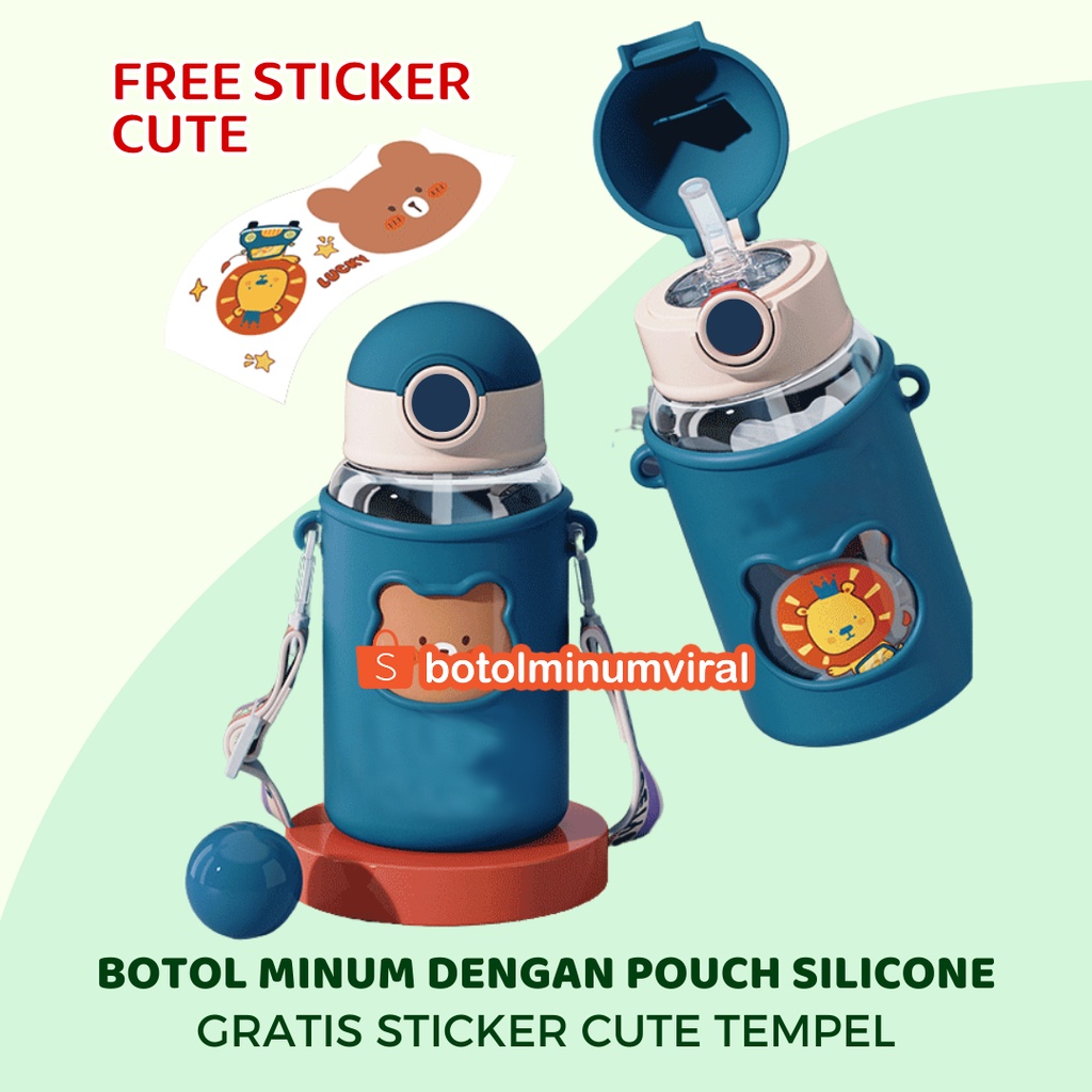 Botol Minum Viral Anak Korea BPA FREE Anti Tumpah Sedotan Pouch Silicone Tali Sticker Tebal Premium Import