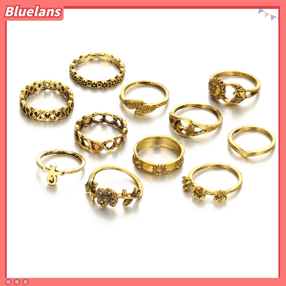 Bluelans 11Pcs Bohemian Sun Moon Star Flower Hollow Above Knuckle Women Midi Ring Set