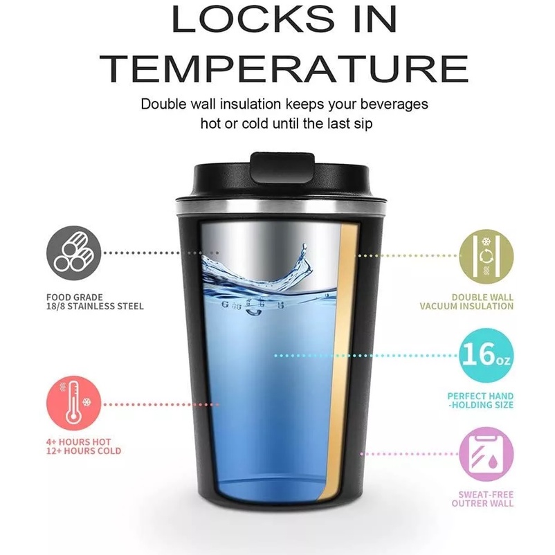 Tumbler Vacuum Coffee Travel 510ML - Mug Kopi Travel Stainless Steel - Gelas Kopi Tahan Panas dan Dingin - Praktis Portabel Elegan