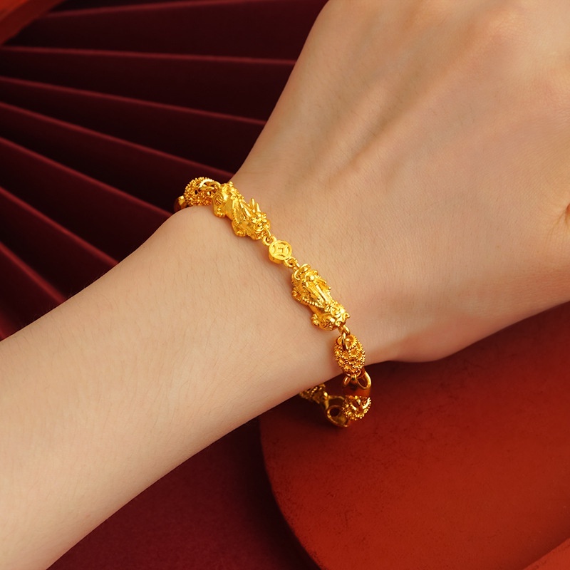 Goldkingdom Fashion Perhiasan Emas Asli Kadar 375 Bangkok Aksesoris Ready Stock Jinlinglong PI Xiu Gelang Berkah Retro Pria Dan Wanita Gelang Berongga Berdoa