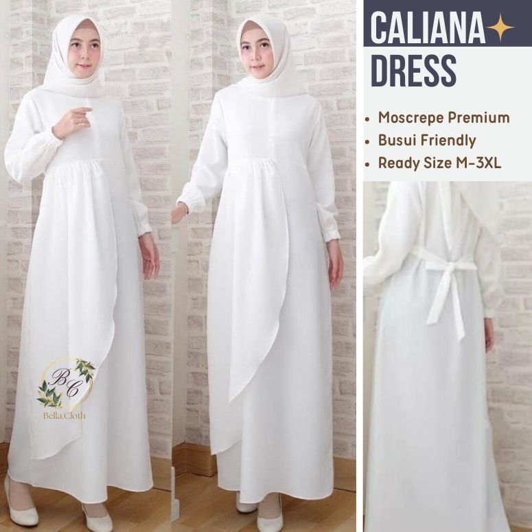 Caliana Dress-Gamis Wanita Putih Korea Terbaru Lebaran 2023 Baju Muslim Long Dress Gamis Umroh Ihrom