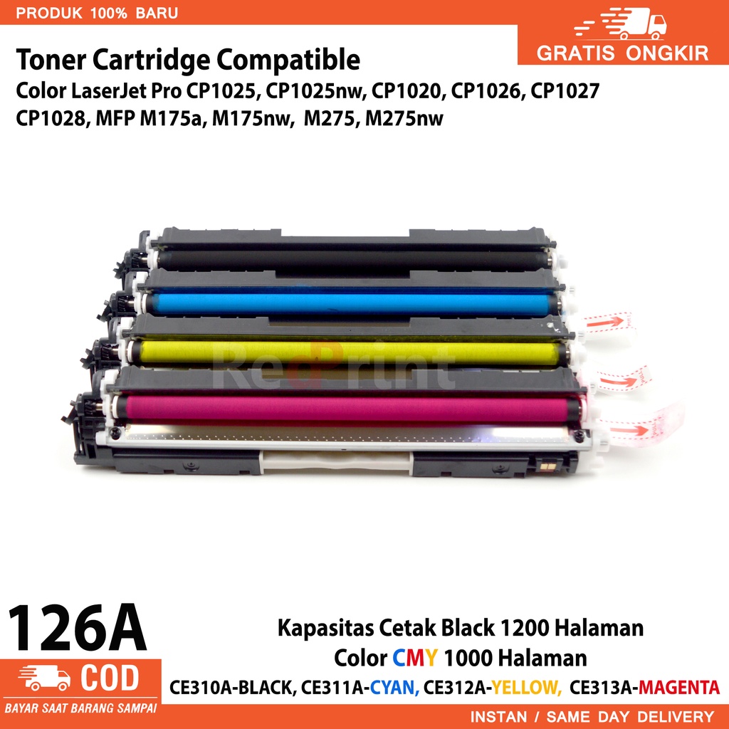 Toner cartridge 126A Compatible Printer HP Color LaserJet Pro CP1025, CP1025nw, M175a, M175nw, M275, CE310A hitam -CE311A biru- CE312A kuning-CE313A merah