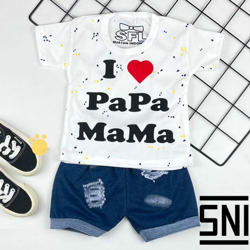 TAFBABY - Setelan Bayi Gambar I Love Papa Mama Set Anak Kaos Celana