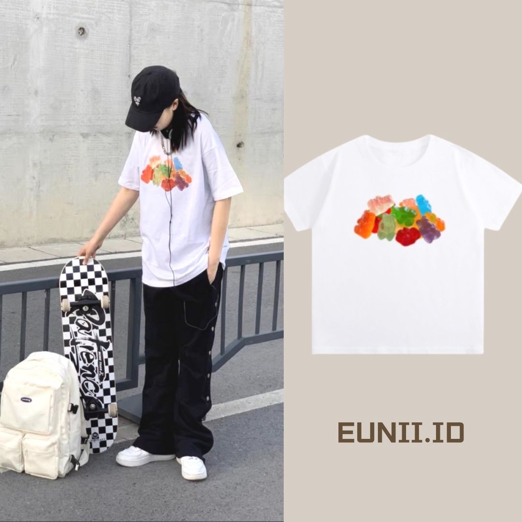 EUNII T-shirt Lengan Pendek Little Bear Jelly Korean Style/Kaos Atasan Wanita/Baju Kaus Oversize Wanita