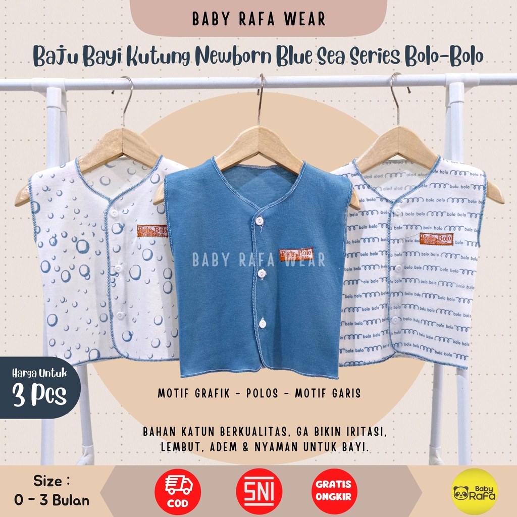 Serian Biru - 3 pcs Baju Bayi Kutung Bayi Baru Lahir 0 sd 3 Bulan Blue Sea Series merk SNI Bolo - Bolo