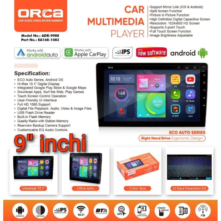 Head Unit YARIS LAMA Android 9&quot; ORCA ADR 9988 ECO SERIES CARPLAY YARIS 2005 - 2013