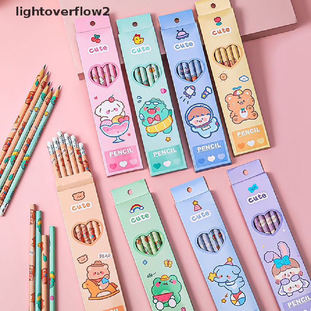 (lightoverflow2) 6pcs / Set Pensil HB Standar Motif Kartun Hewan + Penghapus Untuk Stationery Sekolah