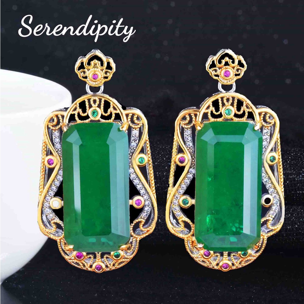 Goldkingdom Perhiasan Fashion Emas Asli Kadar 375 Bangkok Aksesoris Ready Stock Emerald Set Itali Dua Warna Gilt Nothing Pendant Earrings