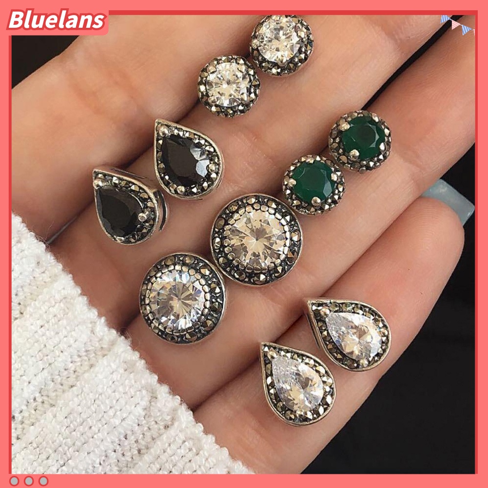 Bluelans 5 Pairs Round Waterdrop Shape Ear Studs Set Women Retro Party Earrings Jewelry
