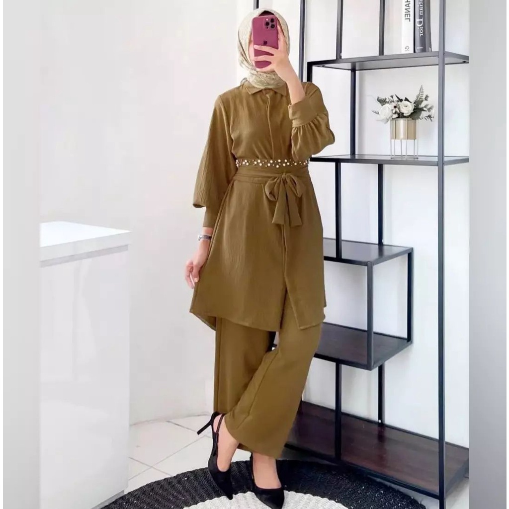 Rhesa One Set 2in1 Celana + Tunik Wanita Busui Bahan Crinkle Premium Fit to XL Ld 110 Kekinian Outfit Remaja Muslim Jumbo Polos Terbaru - Baju Setelan Fashion Muslim Wanita Dewasa Beraneka Warna - Setcel Atasan dan Bawahan Variasi Mutiara Mewah