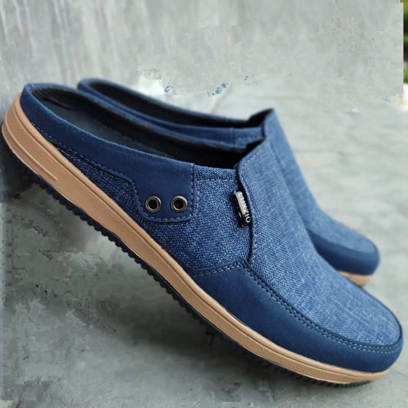 Bustong Pria Kulit Sandal Sepatu Slop Selop Slip On Kasual Kanvas Suede Karet Premium