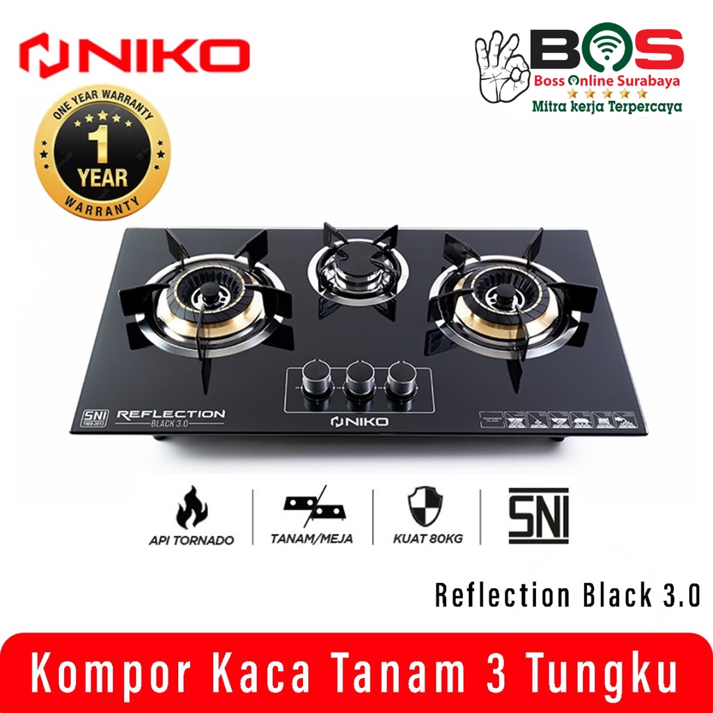 Niko Kompor Kaca 3 Tungku Gas Reflection Black 3.0 Kompor Tanam Niko