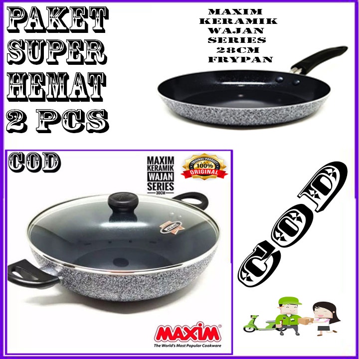 MAXIM CERAMIC WOK 30 CM TUTUP KACA ORI + 28CM FRIPAN BERGARANSI RESMI