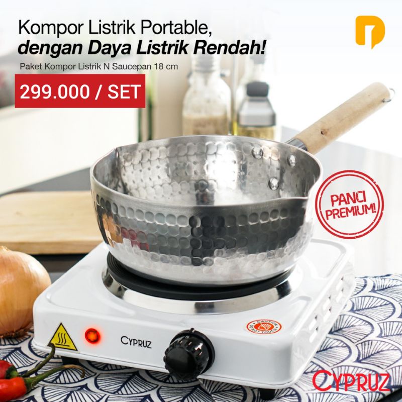 Set Kompor Listrik Portable + Panci - Cypruz Paket Kompor Listrik dan Saucepan 18 cm