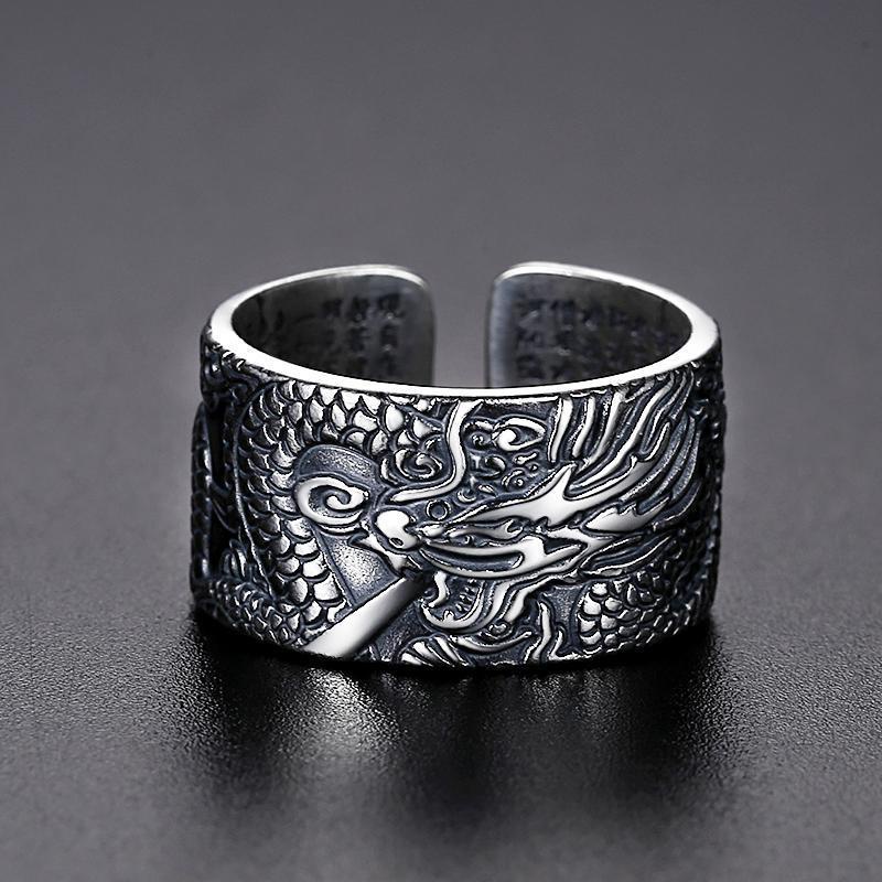 2022 Cincin Terbuka Adjustable Lapis Silver Motif Print Naga Gaya Hip Hop Untuk Pria