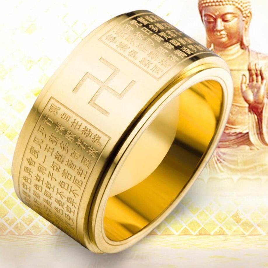 dy✵Laris Cincin Tulisan China Swastika Ukiran Sutra Hati Bisa Diputar / Cincin Buddha Mantra Amulet 