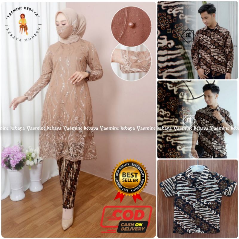 Baju Batik Couple Modern / Setelan Couple Kebaya Tunik Tille Bordir Mutiara Set Kemeja Batik Pria Mo