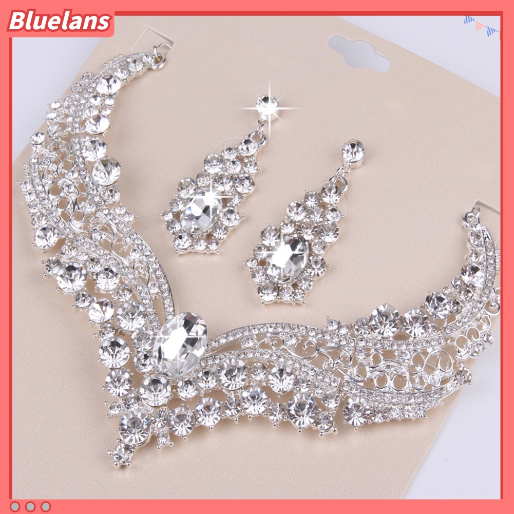 Bluelans Wedding Bridal Queen Style Fully Shiny Rhinestone Necklace Earrings Jewelry Set