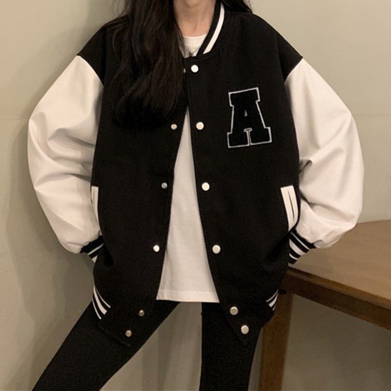 [littlecrab] Jaket Oversize Hitam Putih Letter A Bulu Jacket Varsity Baseball Korea Import Kancing Jepret Berkualitas Fleece Tebal Unisex Couple Good Quality Korean Style
