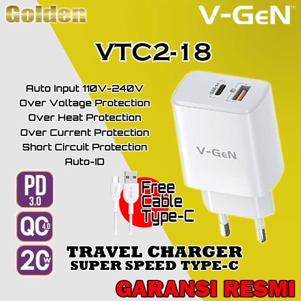 VGEN V-GeN VTC2-18 Adapter Charge Fast Charging QC 4.0 PD Type C 20W