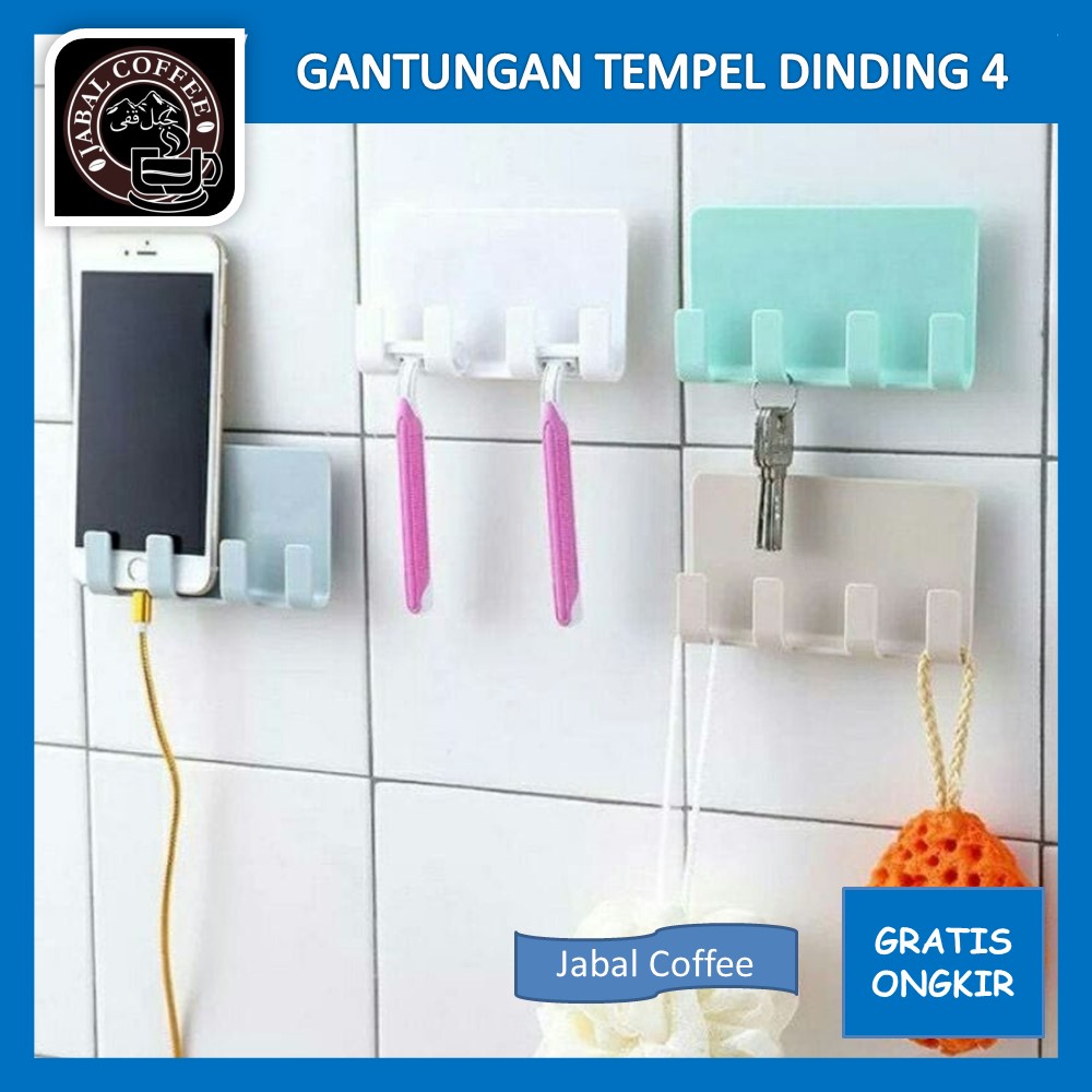 Rak Charger HP Tempel Hook / Gantungan Tempel Dinding Empat Kait / Gantungan Baju Kamar Mandi Dapur /