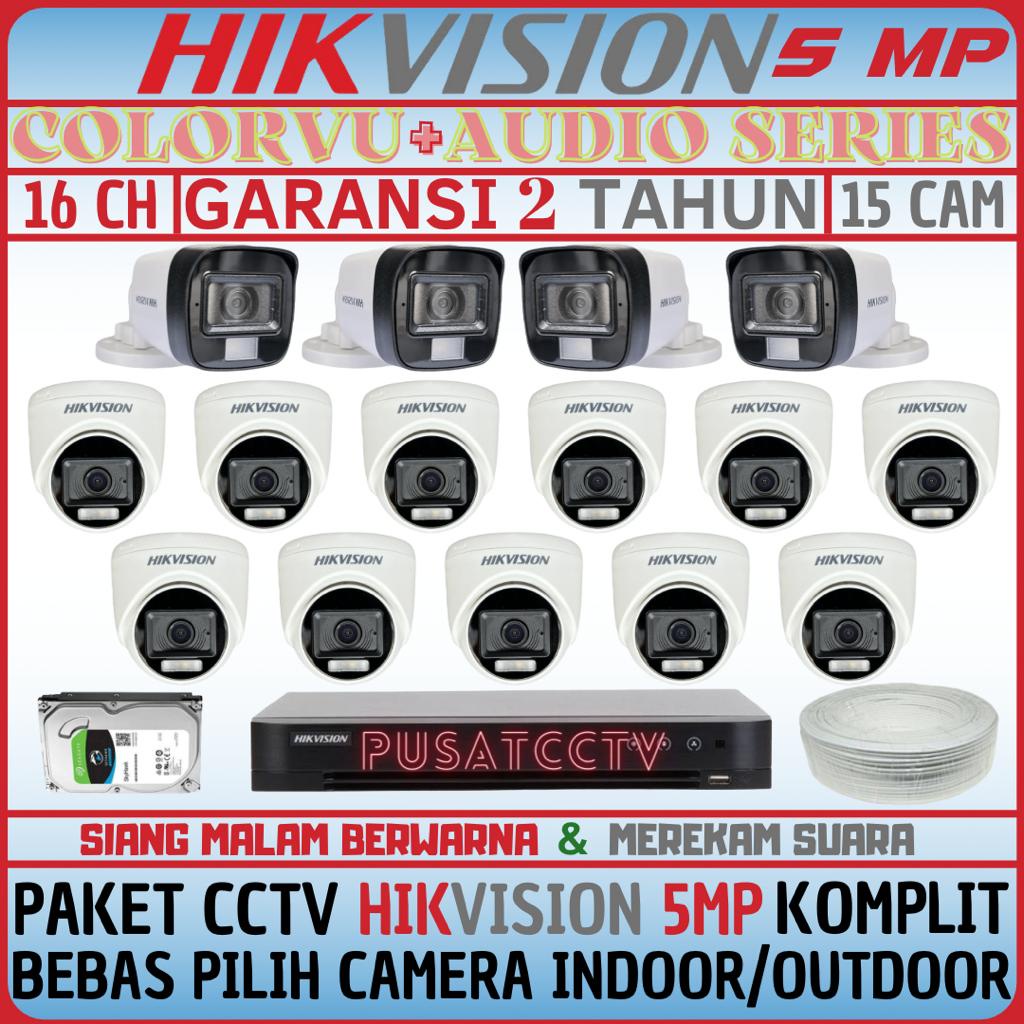 PAKET CCTV HIKVISION 5MP 16 CHANNEL 15 CAMERA TURBO HD KOMPLIT SIANG MALAM BERWARNA DAN REKAM SUARA