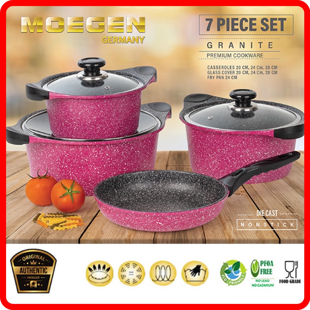MOEGEN Germany 7 Pcs Granite Series Casserole & Fry Pan Anti Lengket Original / Panci Casserole Set 