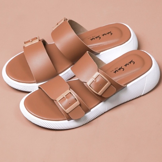 SARASARA YUK - Sandal Wanita Slop Casual Model Birken Sol Puyuh SARA SARA JEAN Sendal Selop Cewek Kulit Santai Strap Gesper Ban 2 Empuk lucu Size 36 37 38 39 40 Warna Brown Coksu Soft Soft Anti Slip Original Kekinian Terbaru Shoes ORI Mall Official Store