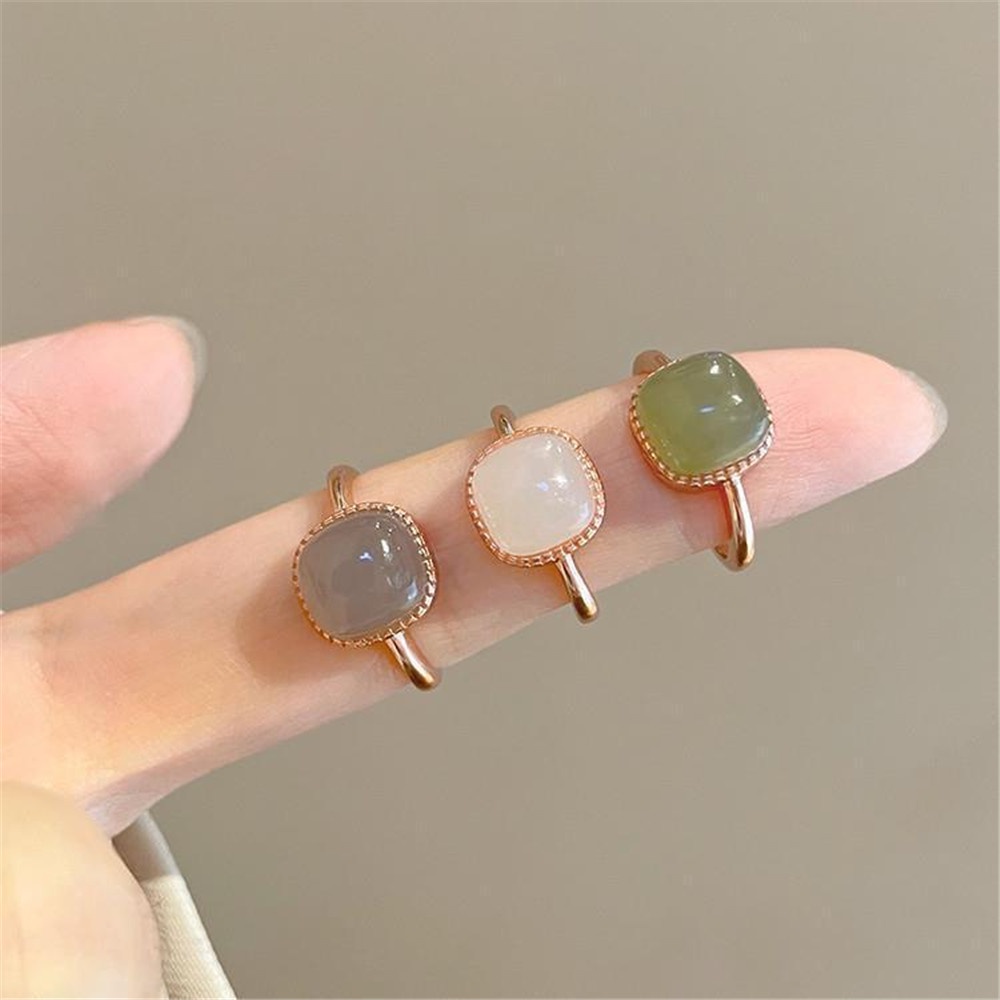 Cincin Batu Giok Bentuk Kotak Model Terbuka Gaya Vintage Minimalis Untuk Wanita