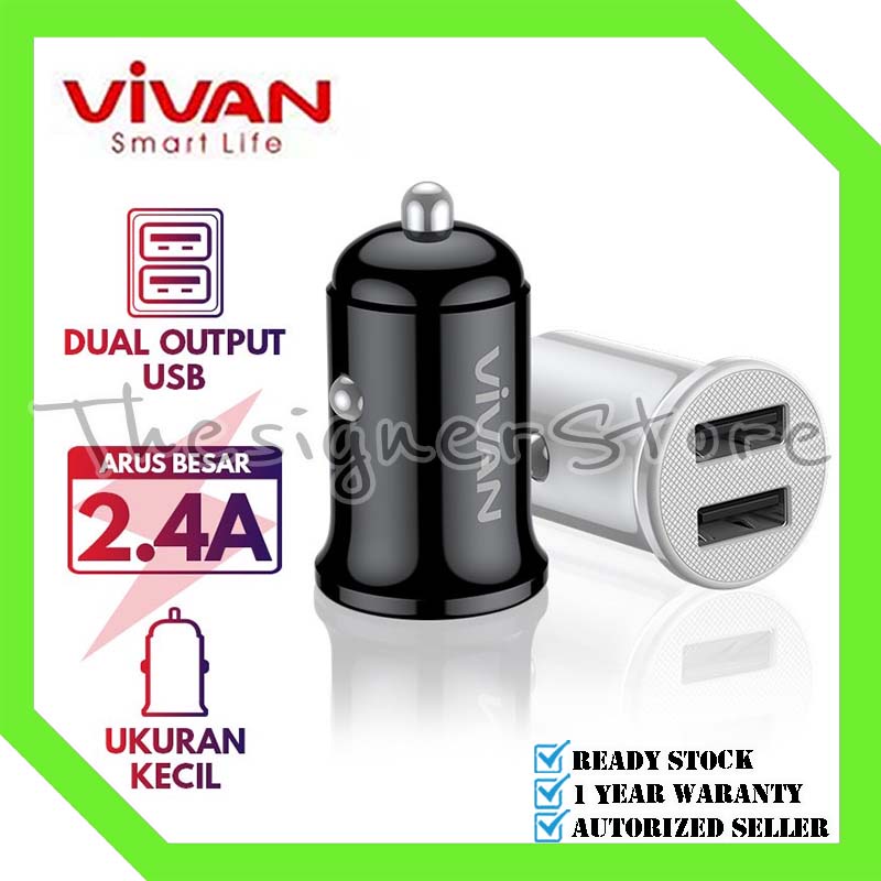 Vivan VCC01 Car Charger Dual Port 2.4A Small &amp; Portable with Micro USB Cable 100cm Garansi 1 Tahun