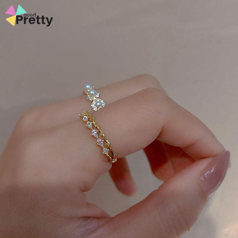 Double-layer Retro Pearl Diamond Ring Niche Light Desain Mewah Cincin Dapat Disesuaikan Terbuka - PD